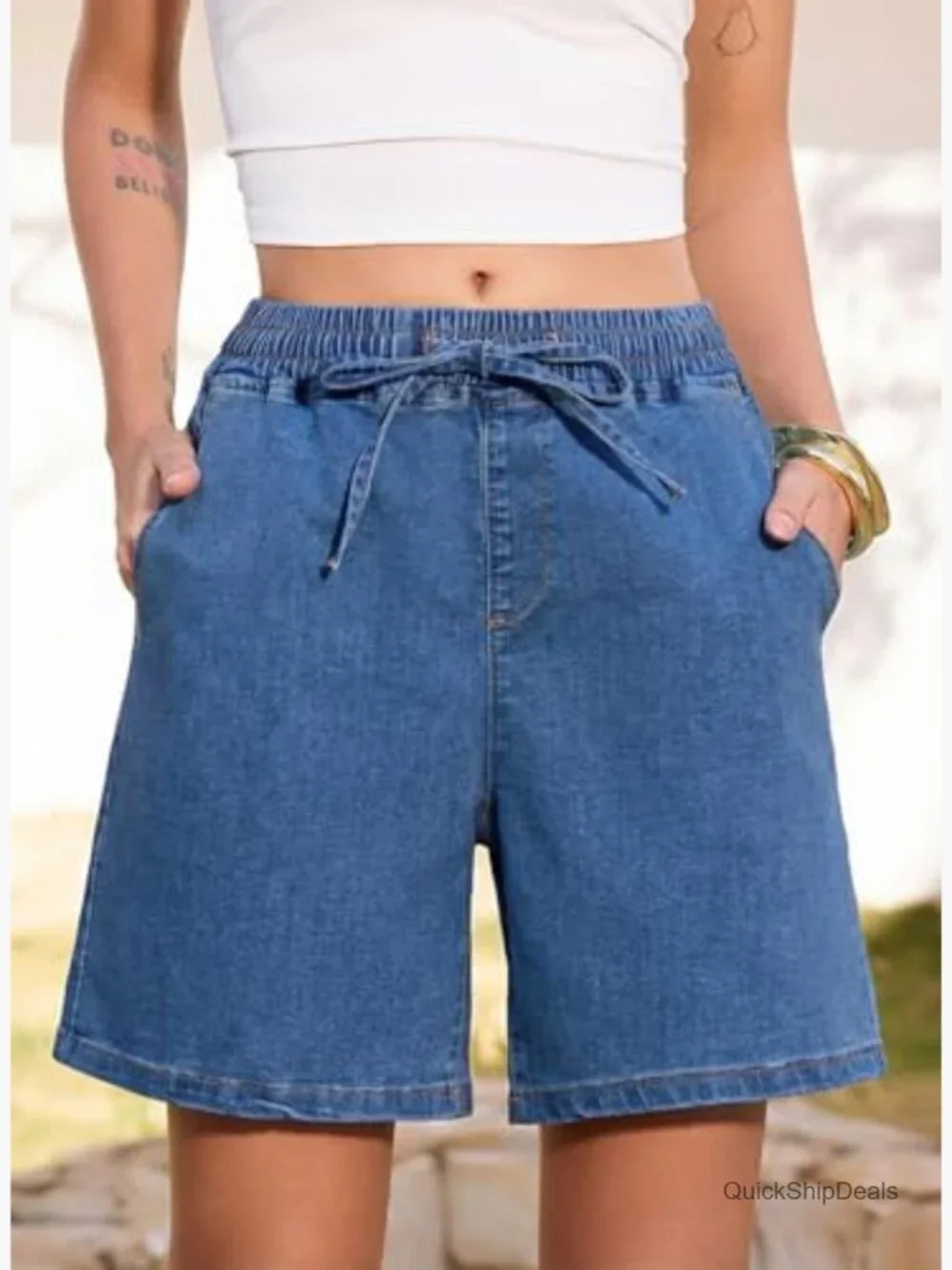 High Waisted Jean Shorts with Drawstring Elastic Waist Baggy Denim Shorts